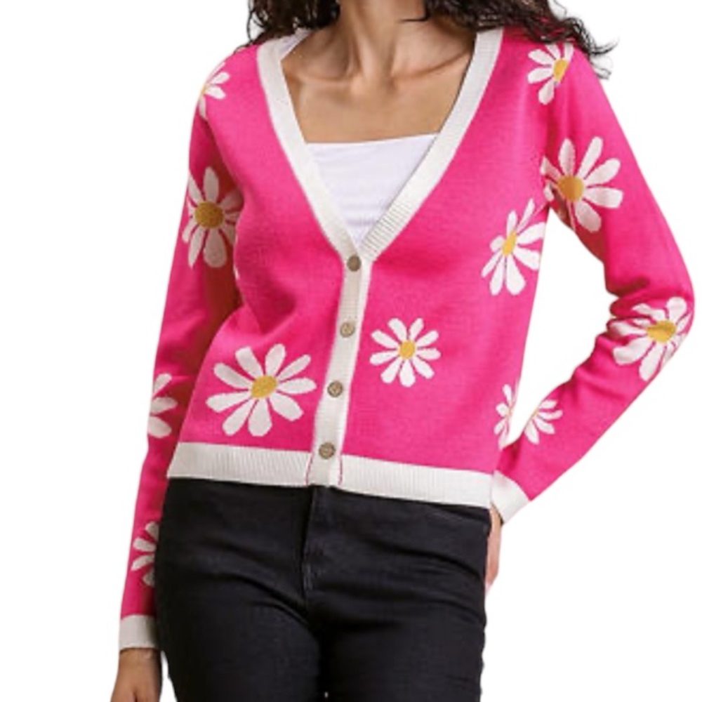 UMGEE U.S.A. Women's Cardigan Pink Floral V-Neck Button-Up Cardigan